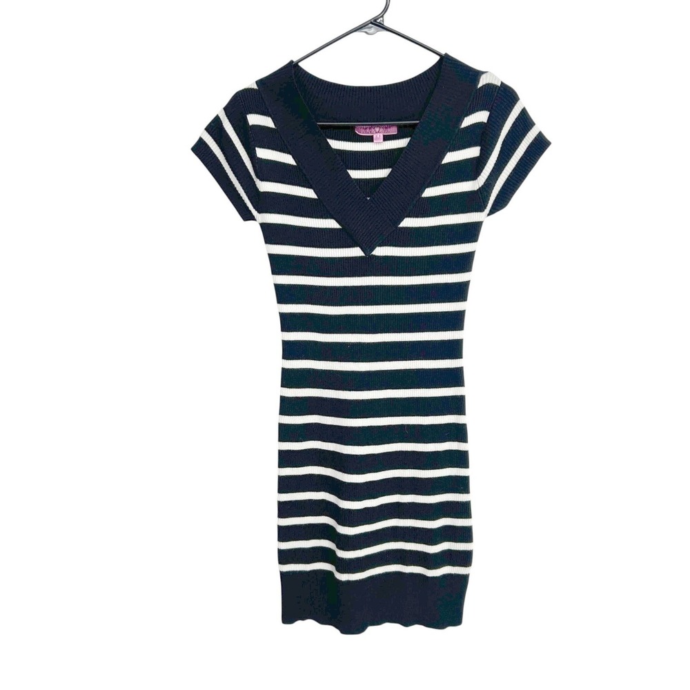 Y2k Black White Striped Ribbed Knit Midi Dress Juniors M V Neck Nautical Preppy